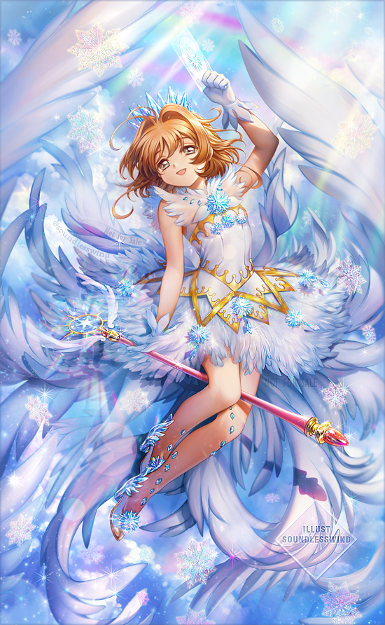 1girl :d antenna_hair arm_up artist_name bare_legs brown_hair cardcaptor_sakura diadem dress feathered_wings floating_hair full_body gloves hair_intakes head_tilt high_heels holding holding_staff kaze-hime kinomoto_sakura looking_at_viewer medium_hair pumps short_dress sidelocks sleeveless sleeveless_dress smile solo staff watermark white_dress white_footwear white_gloves white_wings wings