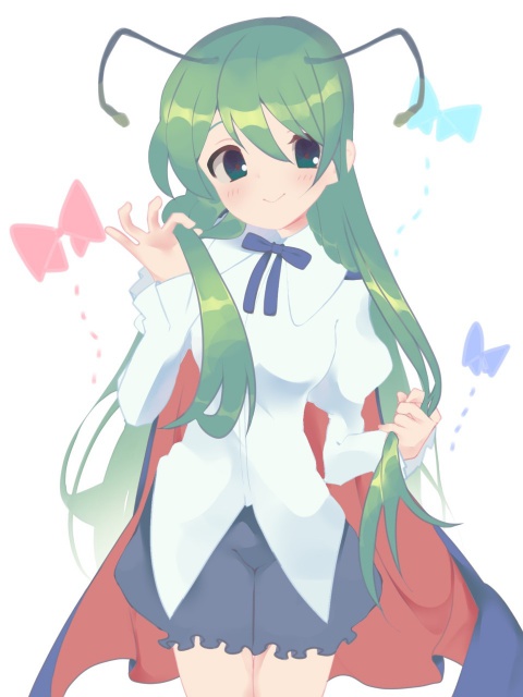 1girl alternate_hair_length alternate_hairstyle bangs black_bow black_bowtie black_cape black_shorts blush bow bowtie breasts cape closed_mouth collared_shirt commentary cowboy_shot green_eyes green_hair hair_between_eyes hand_in_hair juliet_sleeves kari_(atsuki_565) long_hair long_sleeves looking_at_viewer puffy_sleeves red_cape shirt shorts small_breasts smile solo touhou two-sided_cape two-sided_fabric white_background white_shirt wriggle_nightbug