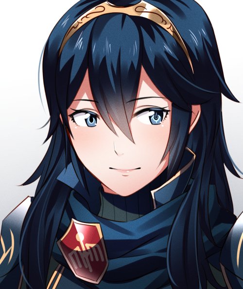 1girl ameno_(a_meno0) bangs blue_eyes blunt_bangs close-up emblem fire_emblem fire_emblem_awakening hair_between_eyes long_hair looking_to_the_side lucina_(fire_emblem) scarf smile solo sweater symbol-shaped_pupils tiara white_background