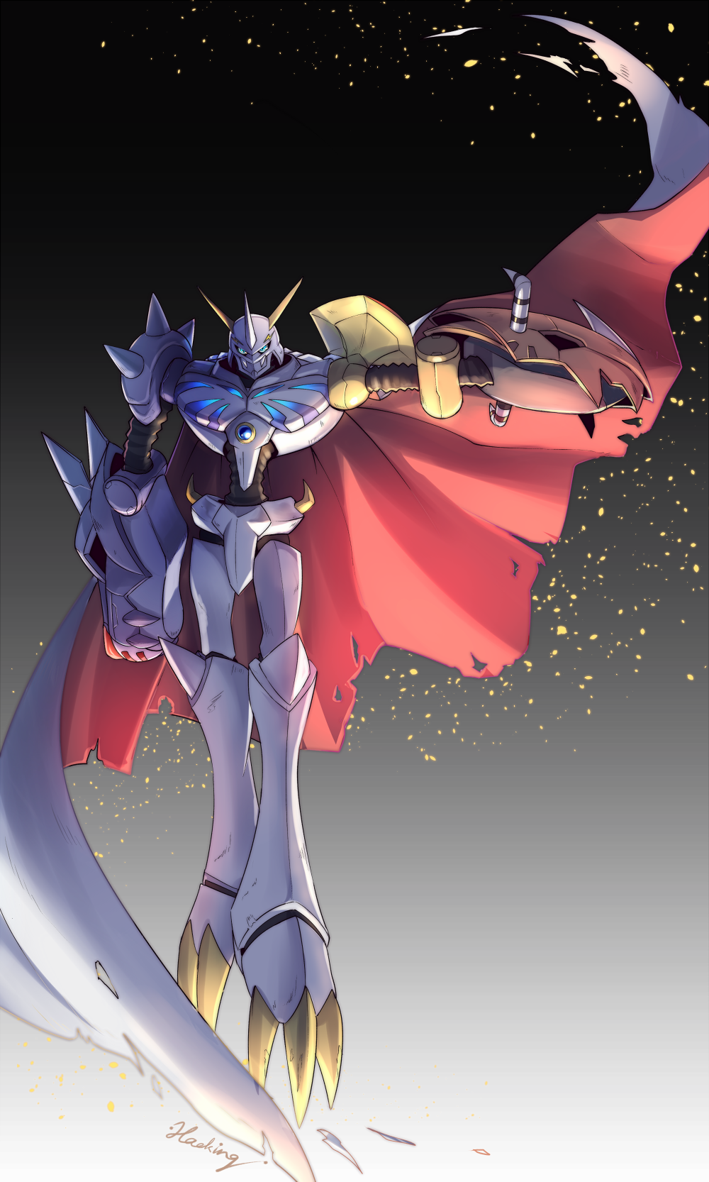 arm_at_side armor cape commentary_request digimon digimon_(creature) full_body hawe_king helmet highres horns looking_at_viewer no_humans omegamon outstretched_arm red_cape signature solo spikes torn_cape torn_clothes two-sided_cape two-sided_fabric white_cape