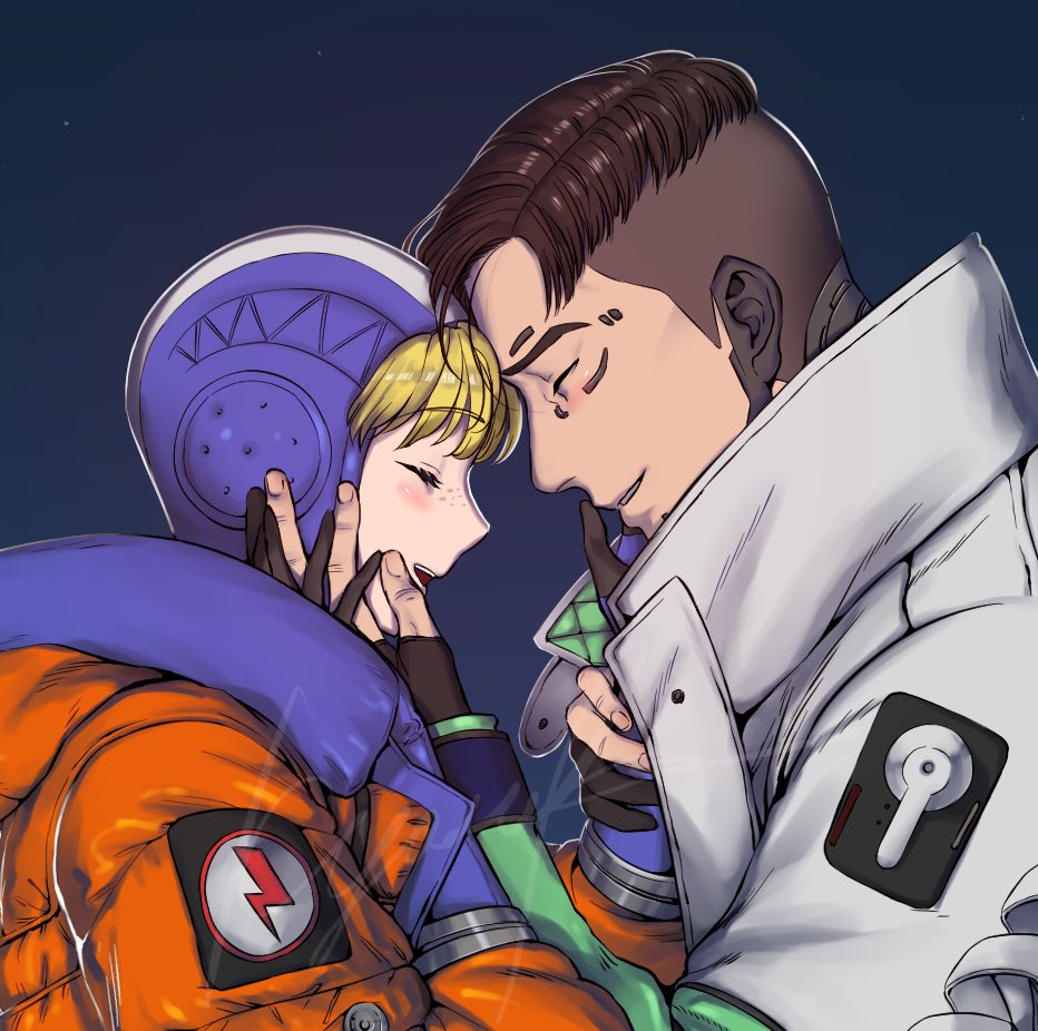 1boy 1girl apex_legends bangs black_gloves black_hair blonde_hair blush closed_eyes couple crypto_(apex_legends) freckles from_side gloves hanagata_kyousuke hand_on_another's_face heads_together hetero hood hooded_jacket jacket open_mouth orange_jacket partially_fingerless_gloves smile wattson_(apex_legends) white_jacket