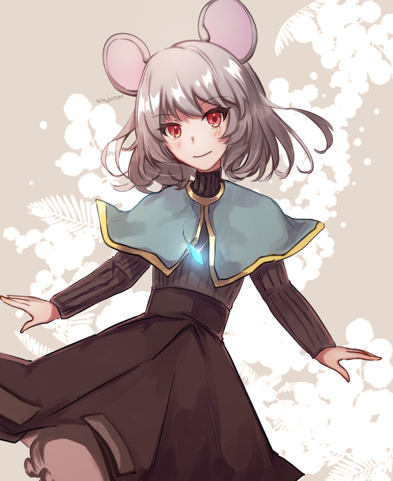 1girl alternate_costume animal_ears bangs black_skirt black_sweater blue_capelet blush capelet chidori_nekoro closed_mouth commentary_request cowboy_shot crystal eyebrows_visible_through_hair grey_hair jewelry long_sleeves looking_at_viewer mouse_ears mouse_girl nazrin pendant red_eyes short_hair skirt smile solo sweater touhou