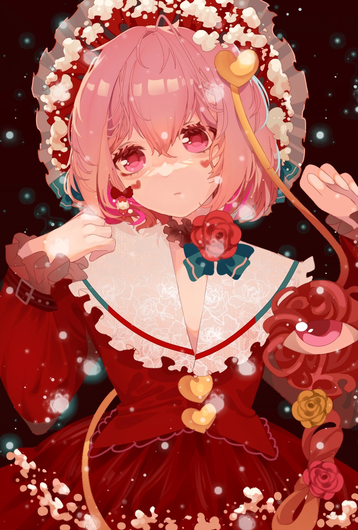 :| ahoge alternate_costume bangs belt belt_buckle blouse bow buckle buttons chinese_commentary closed_mouth collared_blouse commentary earrings expressionless floral_print flower frilled_hairband frilled_shirt_collar frilled_sleeves frills green_bow hair_between_eyes hair_bow hair_ornament hairband hands_up head_tilt heart heart_button heart_hair_ornament highres jewelry komeiji_satori kuchuanleikan long_sleeves looking_at_viewer pink_eyes pink_hair red_background red_blouse red_bow red_flower red_hairband red_rose red_skirt rose rose_print short_hair simple_background skirt snow snowing third_eye touhou upper_body yellow_flower yellow_rose