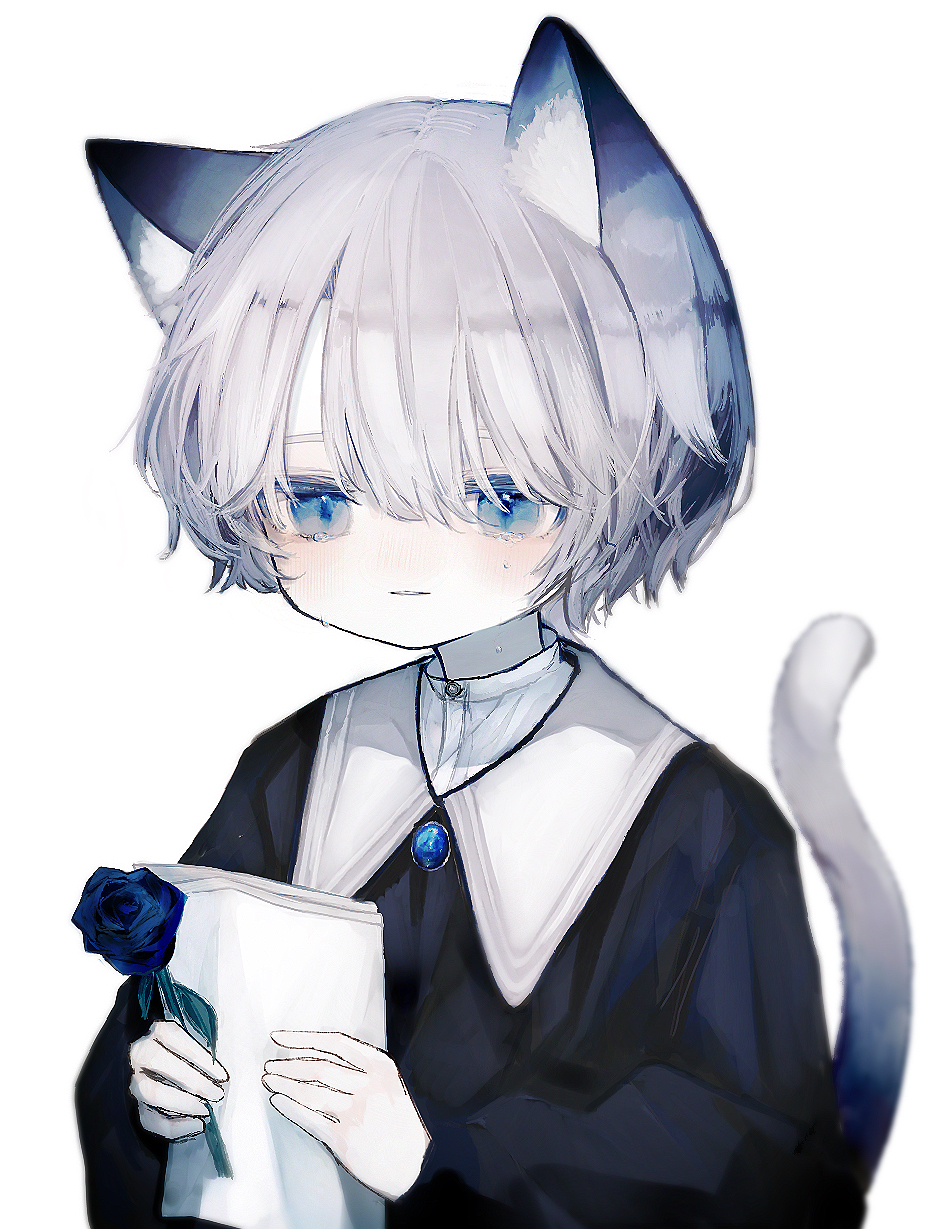 1girl animal_ears blue_flower blue_rose cat_ears cat_girl flower grey_hair highres jewelry konomiyakii letter looking_down necklace original rose short_hair silver_hair tail white_hair