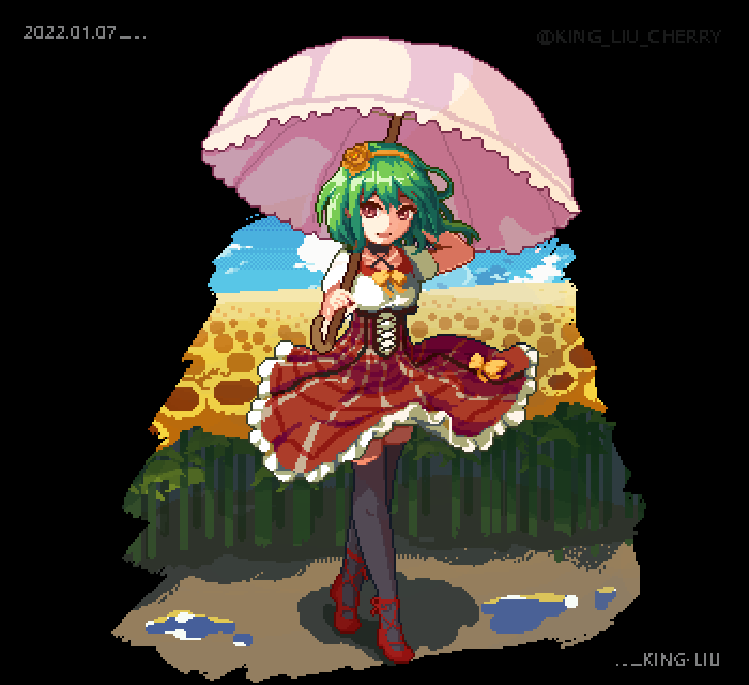 1girl artist_name black_legwear dated day full_body green_hair holding holding_umbrella kazami_yuuka king_liu looking_at_viewer outdoors parasol pixel_art red_eyes red_footwear short_hair short_sleeves skirt skirt_set solo thigh-highs touhou twitter_username umbrella