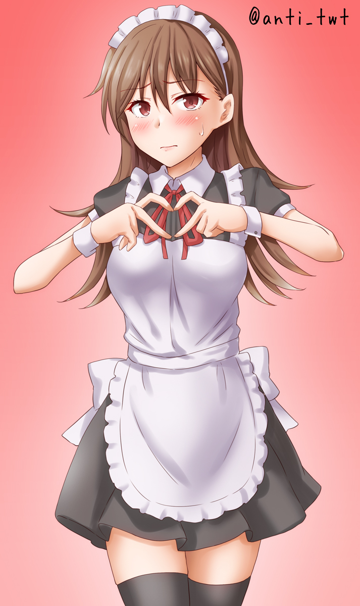 1girl alternate_costume anti_(untea9) apron black_dress black_legwear blush breasts brown_eyes brown_hair collared_dress cowboy_shot dress enmaided eyebrows_visible_through_hair frilled_apron frilled_dress frills gradient gradient_background hair_between_eyes heart heart_hands highres kantai_collection long_hair maid maid_apron maid_headdress medium_breasts ooi_(kancolle) pink_background puffy_short_sleeves puffy_sleeves red_neckwear short_sleeves solo sweatdrop thigh-highs twitter_username white_apron wrist_cuffs