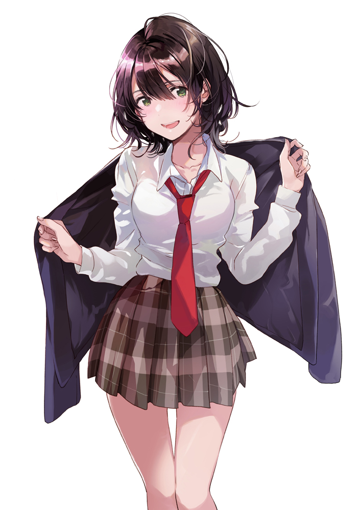 1girl :d bangs black_hair blazer blazer_removed blue_jacket blunt_bangs blush brown_skirt collarbone collared_shirt dot_nose feet_out_of_frame fly_(marguerite) green_eyes hair_between_eyes hands_up hinami_aoi holding holding_clothes holding_jacket jacket jacket_removed jaku-chara_tomozaki-kun long_sleeves looking_at_viewer looking_to_the_side miniskirt necktie official_art open_mouth plaid plaid_skirt pleated_skirt red_necktie removing_jacket school_uniform shiny shiny_hair shirt shirt_tucked_in short_hair simple_background skirt smile solo standing thigh_gap w_arms white_background white_shirt wing_collar