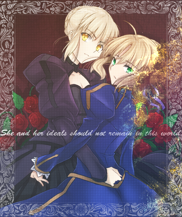 2girls ahoge artoria_pendragon_(all) black_background black_ribbon blonde_hair blouse blue_dress bow braid braided_bun breasts cleavage closed_eyes collarbone dress dual_persona fate/grand_order fate/stay_night fate_(series) faulds french_braid gauntlets green_eyes hair_ribbon heaven's_feel highres hug juliet_sleeves ladymarta long_sleeves multiple_girls open_mouth pale_skin puffy_sleeves ribbon saber saber_alter sea_of_eden short_hair sidelocks simple_background small_breasts white_hair yellow_eyes
