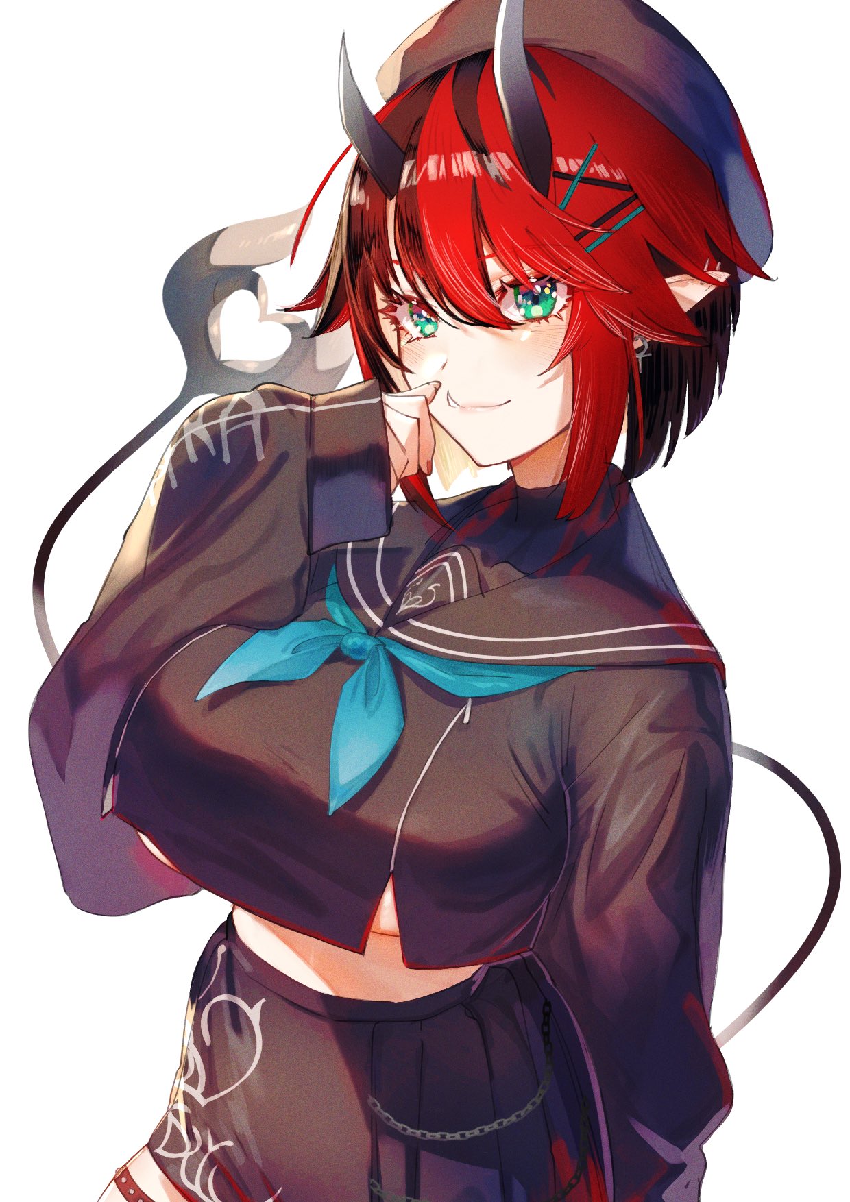 1girl black_hair breasts commentary_request crop_top eyebrows_visible_through_hair green_eyes hair_between_eyes hat highres horns large_breasts long_sleeves looking_at_viewer multicolored_hair murechika pointy_ears redhead ryugasaki_rene short_hair simple_background solo sugar_lyric tail tusks two-tone_hair virtual_youtuber white_background