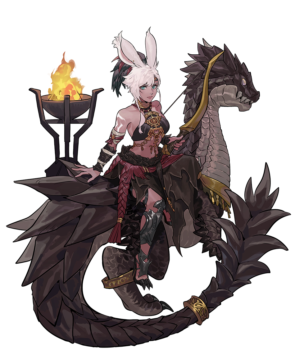 1girl animal_ears arm_support asymmetrical_hair avatar_(ff14) bandeau bard_(final_fantasy) bare_shoulders black_hair bodypaint bow_(weapon) braces braid byuub closed_mouth dragon final_fantasy final_fantasy_xiv fire full_body high_ponytail holding holding_bow_(weapon) holding_weapon jewelry long_hair multicolored_hair rabbit_ears riding side_braid sidesaddle simple_background single_braid skirt tan two-tone_hair viera weapon white_background white_hair wyvern