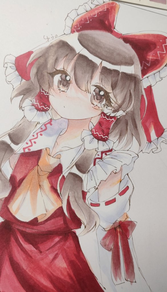 1girl ascot bow braid brown_eyes brown_hair collared_shirt detached_sleeves dot_mouth frilled_bow frilled_hair_tubes frilled_shirt frills hair_between_eyes hair_bow hair_tubes hakurei_reimu long_sleeves looking_at_viewer medium_hair print_collar red_bow red_hair_tubes red_skirt red_stripes red_vest ribbon-trimmed_sleeves ribbon_trim shirt simple_background skirt skirt_set snowly_012 solo touhou traditional_media twin_braids vest white_background white_stripes yellow_ascot
