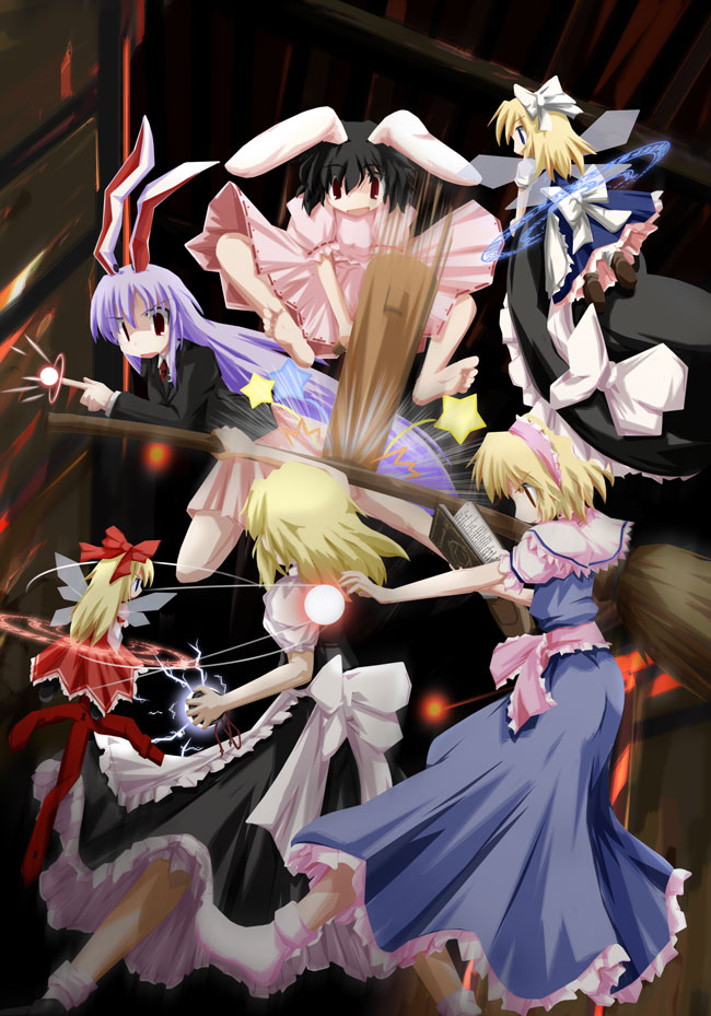 4girls alice_margatroid animal_ears apron bangs barefoot black_dress black_footwear black_hair blazer blocking blonde_hair blue_dress bow broom capelet collared_shirt commentary_request doll dress eyebrows_visible_through_hair fighting finger_gun floppy_ears frilled_capelet frilled_dress frilled_hairband frilled_sash frilled_sleeves frills full_body hair_bow hairband horiki_masaharu hourai_doll imperishable_night inaba_tewi jacket kine kirisame_marisa long_hair long_sleeves looking_at_another mallet mini-hakkero motion_blur motion_lines multiple_girls necktie open_mouth pink_dress pink_hairband pink_sash pink_skirt pleated_skirt puffy_short_sleeves puffy_sleeves purple_hair rabbit_ears red_eyes red_necktie reisen_udongein_inaba ribbon-trimmed_dress sash shanghai_doll shirt shoes short_hair short_sleeves skirt socks star_(symbol) touhou very_long_hair waist_apron white_bow white_capelet white_legwear