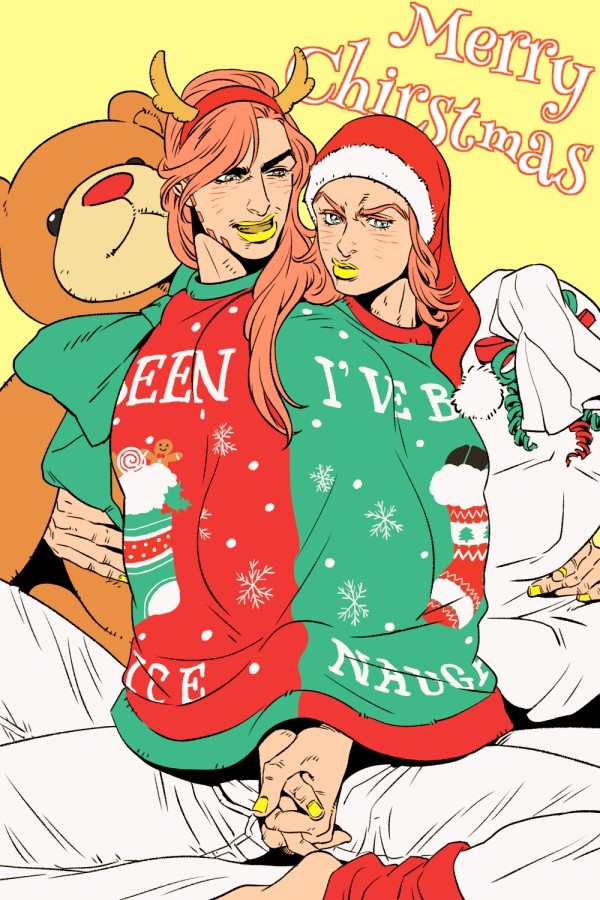 2boys antlers barefoot beard blue_eyes blush brown_hair christmas_stocking facial_hair flat_color gyro_zeppeli hat interlocked_fingers johnny_joestar jojo_no_kimyou_na_bouken kneeling male_focus marion-ville merry_christmas multiple_boys pants reindeer_antlers sack santa_hat smile steel_ball_run stuffed_animal stuffed_toy teddy_bear white_pants yellow_lips yellow_nails