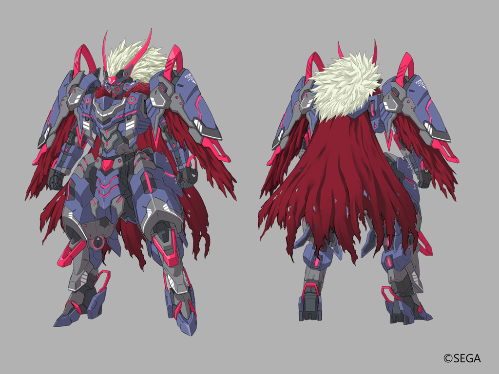 character_sheet clenched_hands grey_background horns mecha multiple_views no_humans official_art phantasy_star phantasy_star_online_2 red_eyes science_fiction standing sukekiyo56