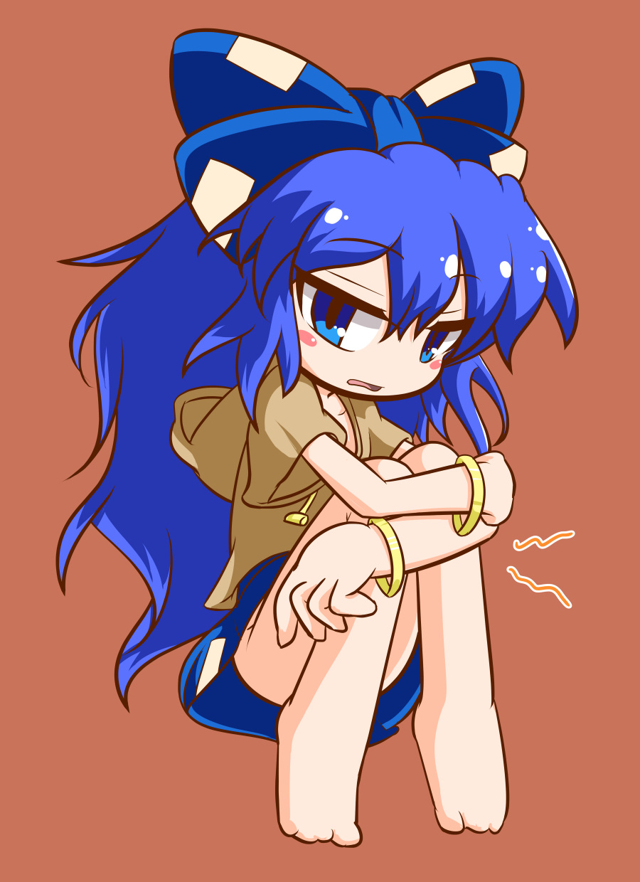 1girl bangle bangs barefoot blue_eyes blue_hair blue_skirt blush bow bracelet brown_background brown_hoodie commentary_request debt eyebrows_visible_through_hair full_body hair_bow highres hood hoodie hugging_own_legs jewelry kajiya_no_masa long_hair looking_at_viewer one-hour_drawing_challenge open_mouth simple_background skirt solo touhou very_long_hair yorigami_shion