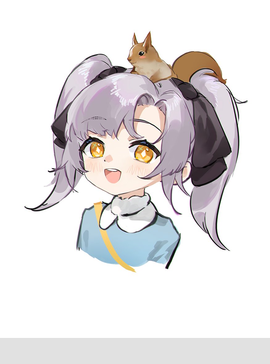 1girl aug_para_(girls'_frontline) bangs blush eyebrows_visible_through_hair girls_frontline hair_ribbon light_purple_hair long_hair looking_at_viewer open_mouth ribbon smile smile_(mm-l) solo squirrel teeth twintails upper_body upper_teeth white_background yellow_eyes