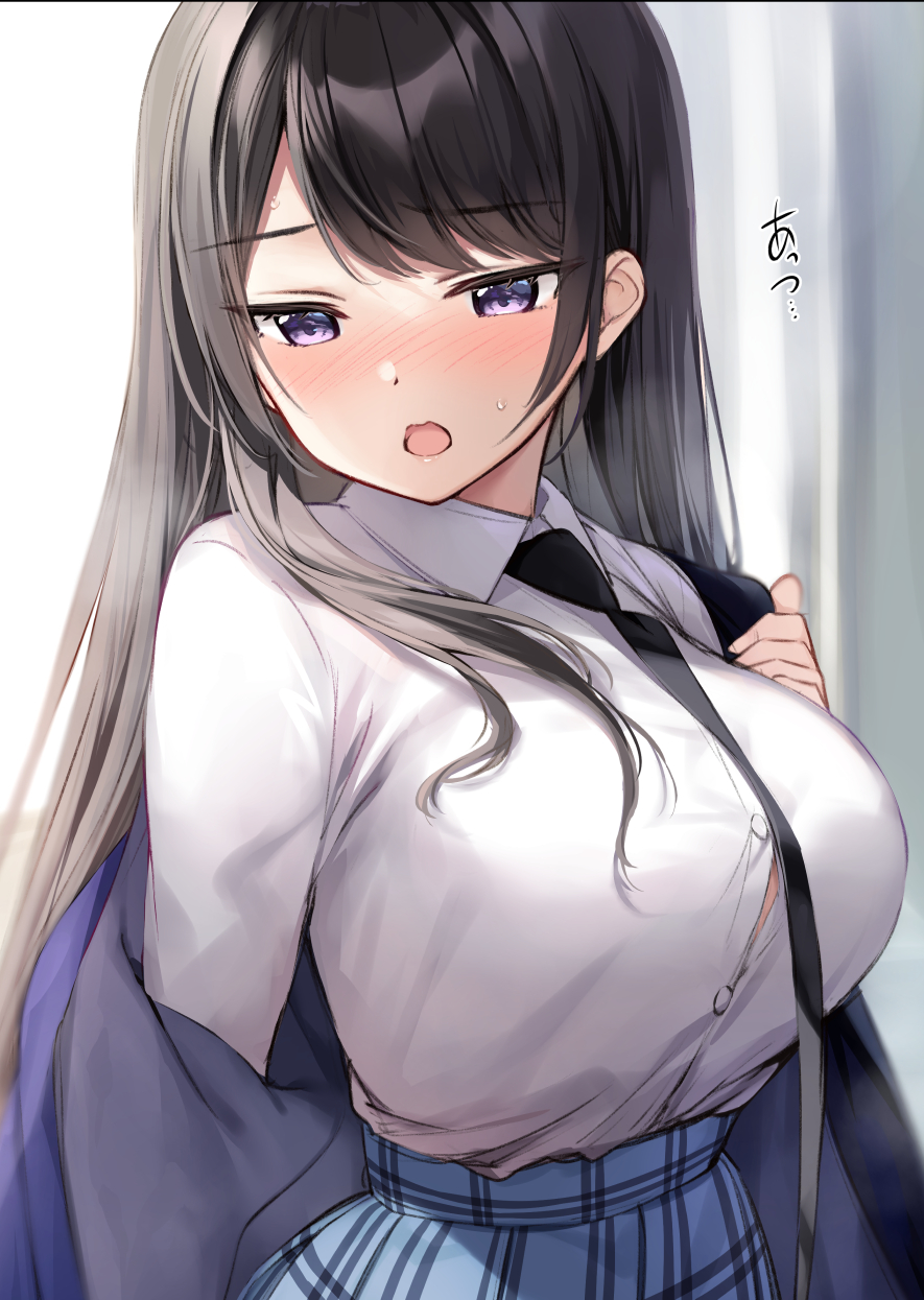 1girl black_hair black_necktie blush breasts buttons eyebrows_visible_through_hair highres holding holding_clothes jacket jacket_removed large_breasts long_hair long_sleeves necktie open_mouth original oryou school_uniform solo upper_body violet_eyes