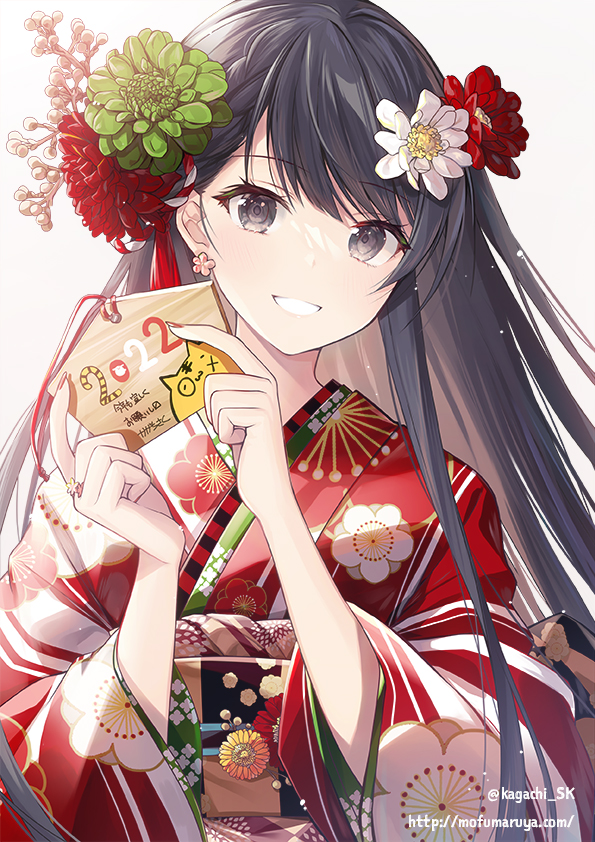 1girl 2022 bangs black_hair blush commentary_request earrings floral_print flower grey_eyes hair_flower hair_ornament hands_up holding japanese_clothes jewelry kagachi_saku kanzashi kimono long_hair long_sleeves looking_at_viewer new_year original parted_lips red_kimono smile solo watermark web_address white_background