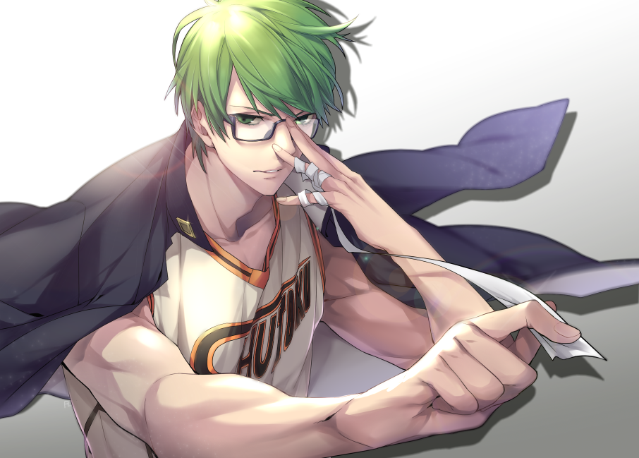 1boy aura_(ion) bandages bangs basketball_uniform bishounen cape glasses green_eyes green_hair jacket jacket_on_shoulders jersey kuroko_no_basuke looking_at_viewer male_focus midorima_shintarou short_hair solo sportswear