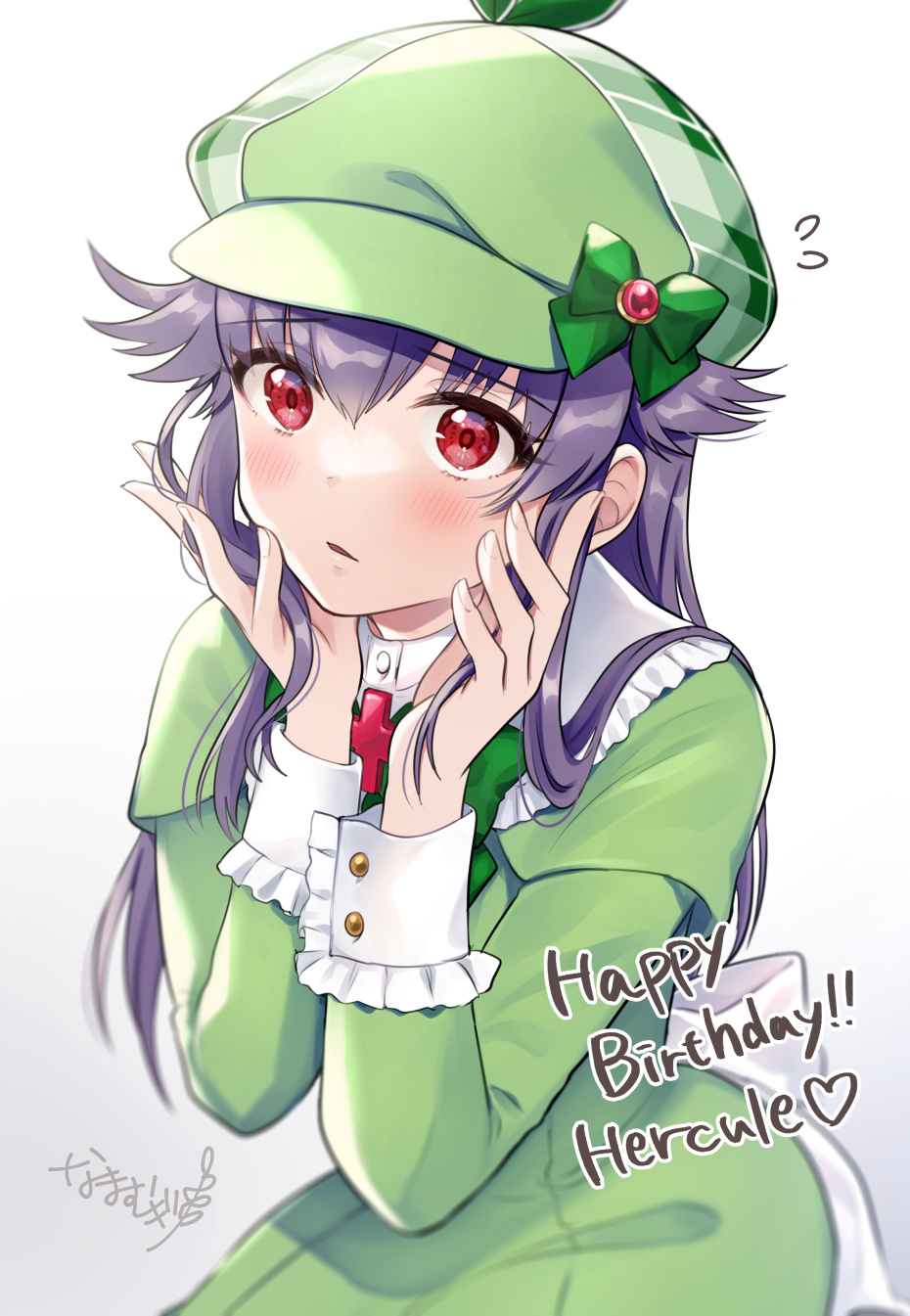 1girl bangs bow cabbie_hat capelet character_name dress eyebrows_visible_through_hair flying_sweatdrops frills gradient gradient_background green_bow green_capelet green_dress green_headwear grey_background hair_between_eyes hands_up happy_birthday hat hat_bow hercule_barton highres long_hair long_sleeves looking_at_viewer mugi_(iccomae) parted_lips plaid_headwear purple_hair red_eyes solo tantei_opera_milky_holmes very_long_hair white_background