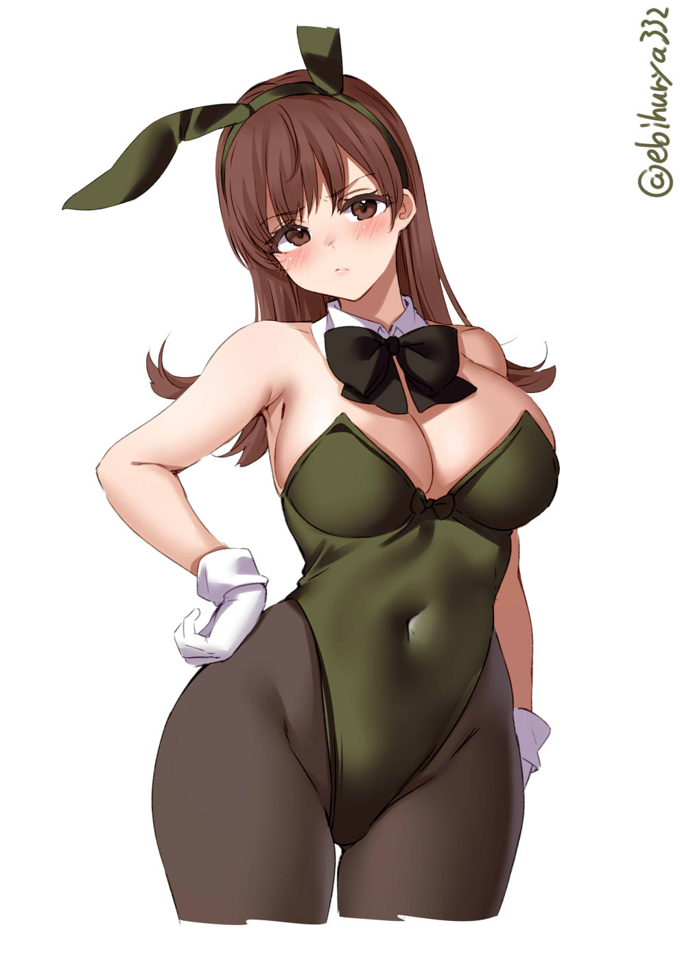 1girl :t alternate_costume animal_ears black_bow black_bowtie blush bow bowtie breasts brown_eyes brown_hair brown_legwear covered_navel cowboy_shot detached_collar ebifurya eyebrows_visible_through_hair fake_animal_ears gloves green_leotard hair_between_eyes highleg highleg_leotard highres kantai_collection large_breasts leotard long_hair one-hour_drawing_challenge ooi_(kancolle) pantyhose playboy_bunny rabbit_ears side-tie_leotard simple_background solo strapless strapless_leotard twitter_username white_background white_gloves wrist_cuffs
