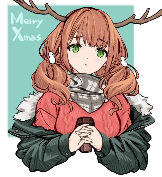 1girl antlers bangs blush brown_hair christmas cup eyebrows_visible_through_hair fur-trimmed_jacket fur_trim girls_frontline green_eyes green_jacket grey_scarf hair_ornament hairclip holding holding_cup howa_type_89_(girls'_frontline) ingerdoll jacket jacket_pull long_hair looking_at_viewer merry_christmas official_alternate_costume open_clothes open_jacket red_sweater scarf simple_background solo sweater upper_body