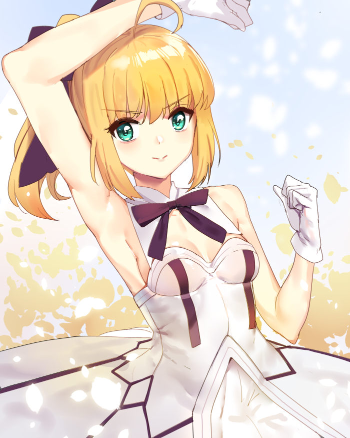 1girl artoria_pendragon_(all) black_bow blonde_hair bow breastplate dress eyebrows_visible_through_hair fate/grand_order fate/unlimited_codes fate_(series) faulds floating_hair gauntlets green_eyes hair_between_eyes hair_bow hands_on_hilt highres long_hair looking_at_viewer outdoors petals ponytail saber_lily shovelwell signature sleeveless sleeveless_dress solo standing white_dress