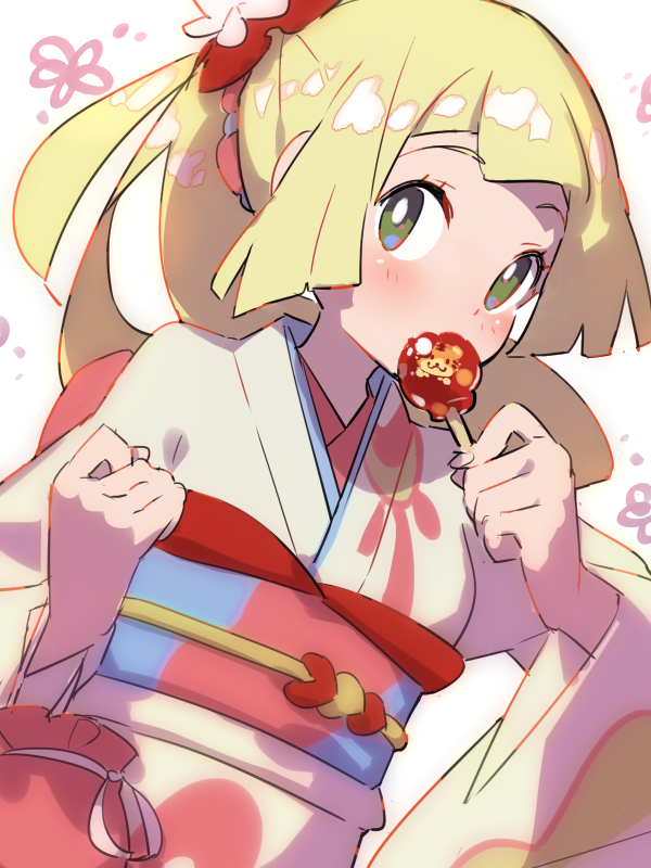 1girl bangs blonde_hair blue_vert blunt_bangs blush bright_pupils commentary eyelashes floating_hair floral_print green_eyes high_ponytail holding japanese_clothes kimono lillie_(pokemon) long_hair official_alternate_costume pokemon pokemon_(game) pokemon_masters_ex sash solo upper_body white_background white_pupils yellow_kimono