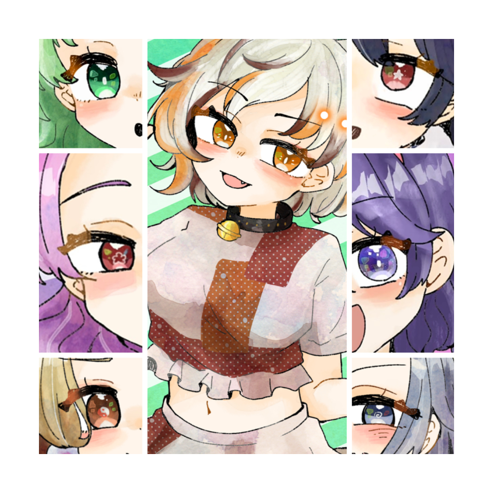 6+girls animal_ears bangs bell blue_eyes blue_hair breasts brown_eyes calico cat_ears cat_girl cat_tail commentary_request crop_top eye_focus eyebrows_visible_through_hair eyelashes fang goutokuji_mike green_eyes green_hair hairband himemushi_momoyo iizunamaru_megumu jingle_bell komakusa_sannyo kudamaki_tsukasa light_blue_hair maneki-neko medium_breasts medium_skirt midriff multicolored_hair multiple_girls navel open_mouth orange_eyes patches purple_hair red_eyes short_hair skirt star_(symbol) stomach streaked_hair tail tamatsukuri_misumaru tenkyuu_chimata touhou user_cvgr7472 white_hair yamashiro_takane