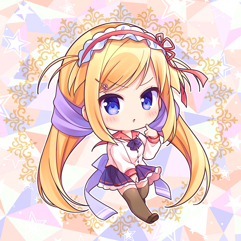 1girl :o blonde_hair blue_eyes blush bow brown_footwear brown_legwear chibi commentary_request frilled_hairband frilled_skirt frills full_body hairband loafers long_hair long_sleeves looking_at_viewer low_twintails nursery_rhyme parted_lips pleated_skirt purple_bow purple_skirt red_hairband red_sailor_collar ryuuka_sane sailor_collar shirt shoes skirt solo thigh-highs tita_flawless_brandt twintails very_long_hair white_shirt