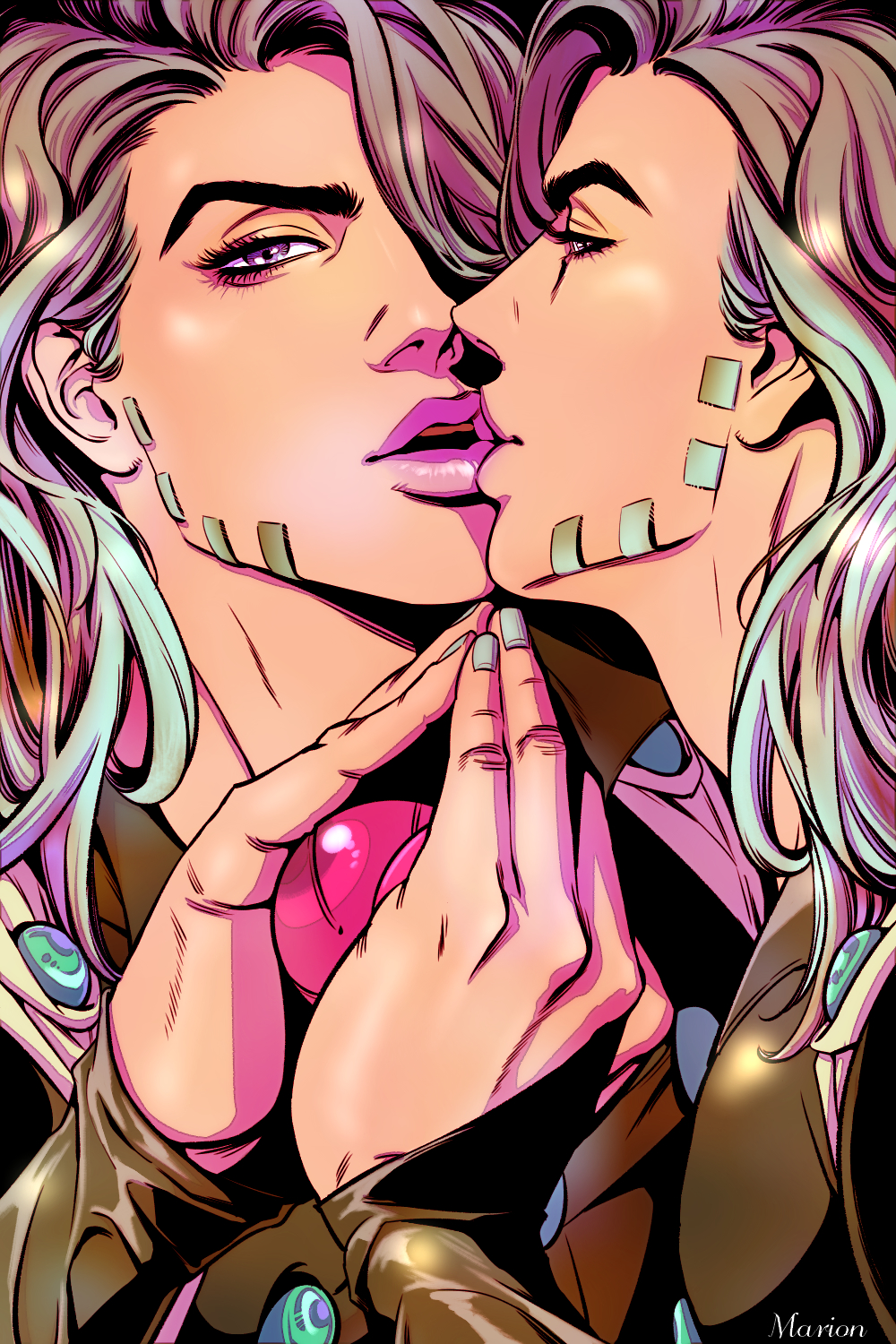 2boys aqua_hair ball beard bridal_gauntlets brown_hair face-to-face facial_hair gradient_hair gyro_zeppeli highres jojo_no_kimyou_na_bouken lips long_hair male_focus marion-ville multicolored_hair multiple_boys reflection steel_ball steel_ball_run two-tone_hair violet_eyes