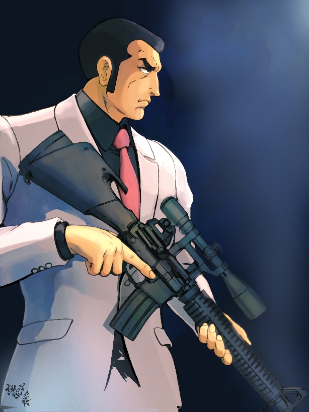 1boy black_background black_hair duke_tougou formal golgo_13 gun holding holding_gun holding_weapon long_sleeves male_focus moroboshi_(zeonicside3) necktie red_necktie rifle short_hair sideburns simple_background sniper_rifle solo standing suit trigger_discipline weapon white_suit