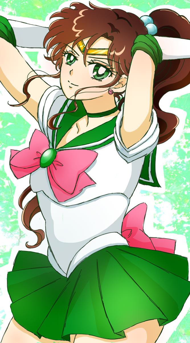 1girl back_bow bishoujo_senshi_sailor_moon bow brown_hair choker earrings elbow_gloves gloves green_eyes green_sailor_collar green_skirt hair_bobbles hair_ornament happy_birthday high_ponytail jewelry karenikuji long_hair looking_at_viewer miniskirt pink_lips pink_neckwear pleated_skirt rose_earrings sailor_collar sailor_jupiter sailor_senshi_uniform shirt short_sleeves signature simple_background skirt solo white_gloves white_shirt