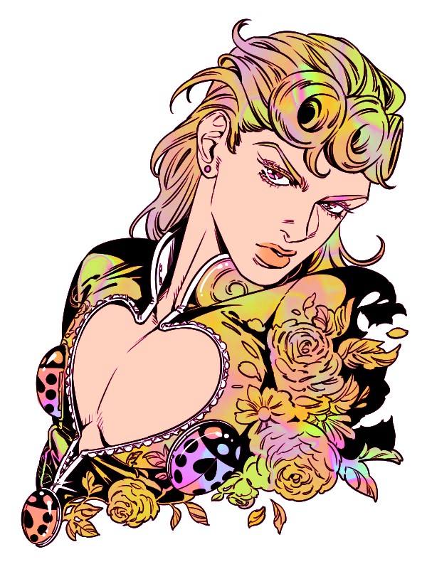 1boy bug cleavage_cutout clothing_cutout curly_hair determined flower giorno_giovanna hair_down jojo_no_kimyou_na_bouken ladybug lips long_hair male_focus marion-ville rose solo vento_aureo