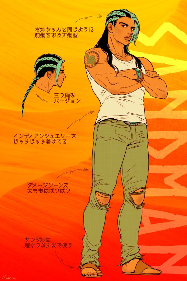 1boy arm_tattoo black_hair braid contemporary crossed_arms denim green_hair jeans jojo_no_kimyou_na_bouken long_hair male_focus marion-ville multicolored_hair pants sandals sandman_(sbr) solo tank_top tattoo torn_clothes torn_jeans torn_pants translation_request two-tone_hair watch watch