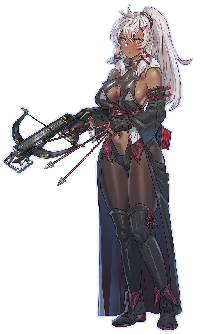 1girl arrow_(projectile) boots bow_(bhp) breasts commission crossbow dark-skinned_female dark_skin detached_sleeves eyebrows_visible_through_hair fingerless_gloves full_body gloves grey_hair hair_between_eyes holding holding_arrow holding_crossbow holding_weapon large_breasts long_hair looking_at_viewer navel original ponytail simple_background solo standing weapon white_background