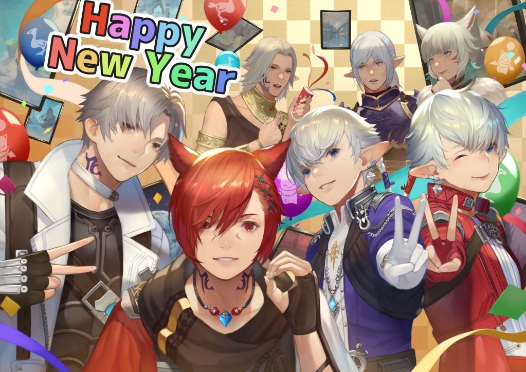 alisaie_leveilleur alphinaud_leveilleur balloon checkered_background confetti estinien_varlineau everyone final_fantasy final_fantasy_xiv g'raha_tia happy_new_year miqo'te moogle multiple_boys multiple_girls new_year party party_popper photo_(object) red_eyes shin716 sign_language thancred_waters urianger_augurelt v white_hair y'shtola_rhul