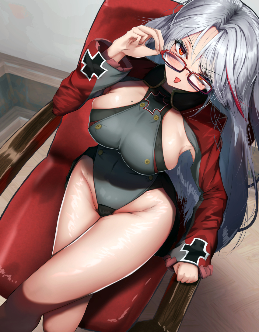 1girl adapted_costume adjusting_eyewear azur_lane bespectacled blush breasts chair crossed_legs eyebrows_visible_through_hair from_above glasses greengerx grey_leotard indoors large_breasts leotard long_hair looking_at_viewer looking_up mole mole_on_breast multicolored_hair prinz_eugen_(azur_lane) red-framed_eyewear red_eyes red_sleeves redhead shiny shiny_skin sideboob silver_hair sitting skindentation solo streaked_hair tongue tongue_out two-tone_hair very_long_hair