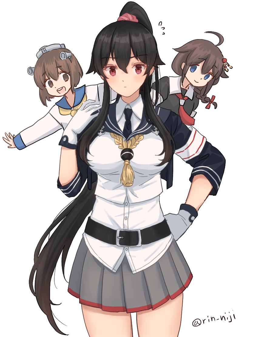 3girls black_hair black_necktie black_sailor_collar commentary_request cowboy_shot gloves grey_skirt kantai_collection long_hair long_sleeves looking_at_viewer multiple_girls necktie pleated_skirt ponytail red_eyes remodel_(kantai_collection) rin_(rin_niji) sailor_collar school_uniform scrunchie serafuku shigure_(kancolle) shigure_kai_ni_(kancolle) sidelocks simple_background skirt solo_focus standing upper_body white_background white_gloves yahagi_(kancolle) yahagi_kai_ni_(kancolle) yukikaze_(kancolle)