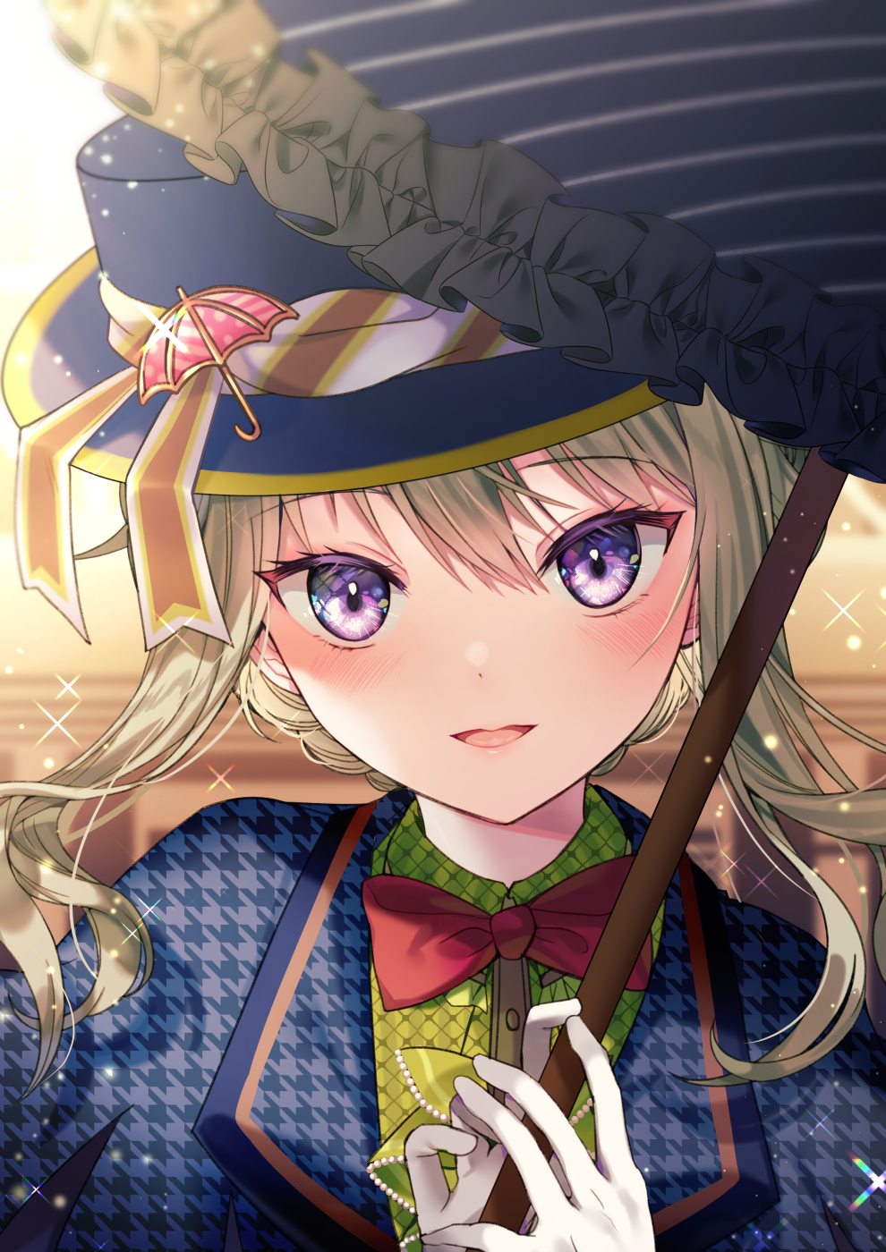 1girl bangs blush bow bowtie braid commentary dabi_(dabibubi) diffraction_spikes eyebrows_visible_through_hair frilled_umbrella gloves hair_between_eyes hat highres holding holding_umbrella kusanagi_nene light_brown_hair looking_at_viewer medium_hair official_style open_mouth project_sekai red_bow sidelocks solo sparkle standing umbrella upper_body violet_eyes white_gloves