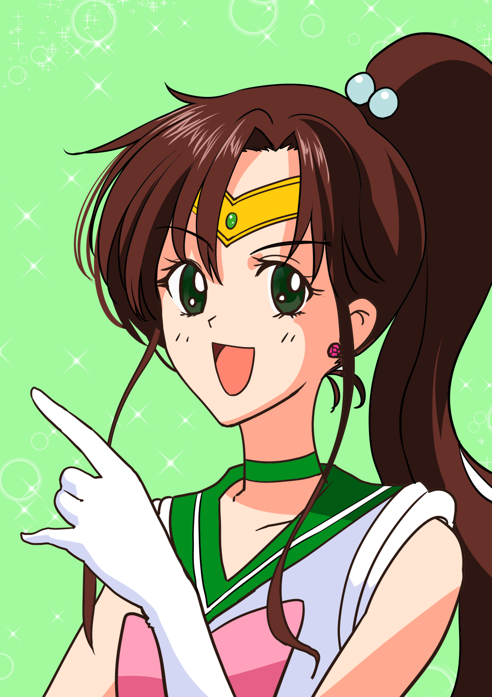 1girl back_bow bishoujo_senshi_sailor_moon bow brown_hair choker earrings elbow_gloves feccso gloves green_eyes green_sailor_collar green_skirt hair_bobbles hair_ornament happy_birthday high_ponytail jewelry long_hair looking_at_viewer miniskirt pink_lips pink_neckwear pleated_skirt rose_earrings sailor_collar sailor_jupiter sailor_senshi_uniform shirt short_sleeves signature simple_background skirt solo white_gloves white_shirt