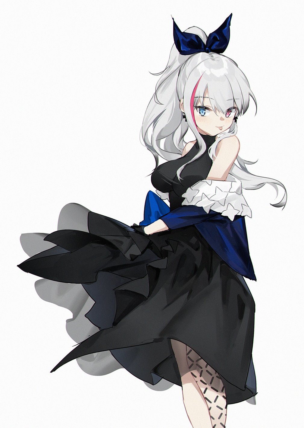 1girl bangs black_dress black_gloves blue_eyes bow breasts closed_mouth cross cross_earrings dress earrings eyebrows_visible_through_hair feet_out_of_frame girls_frontline gloves hair_bow heterochromia highres jewelry long_hair looking_at_viewer mdr_(cocktail_observer)_(girls'_frontline) mdr_(girls'_frontline) medium_breasts multicolored_hair ponytail silver_hair smile smile_(mm-l) solo standing tongue tongue_out violet_eyes white_background