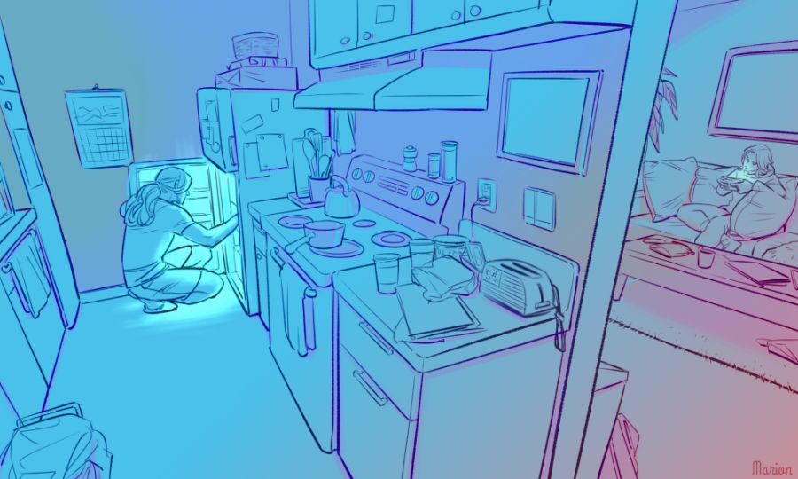 2boys apartment backlighting blue_theme calendar contemporary gyro_zeppeli isometric johnny_joestar jojo_no_kimyou_na_bouken kitchen male_focus marion-ville multiple_boys oven perspective ponytail pot refrigerator steel_ball_run stove teapot toaster