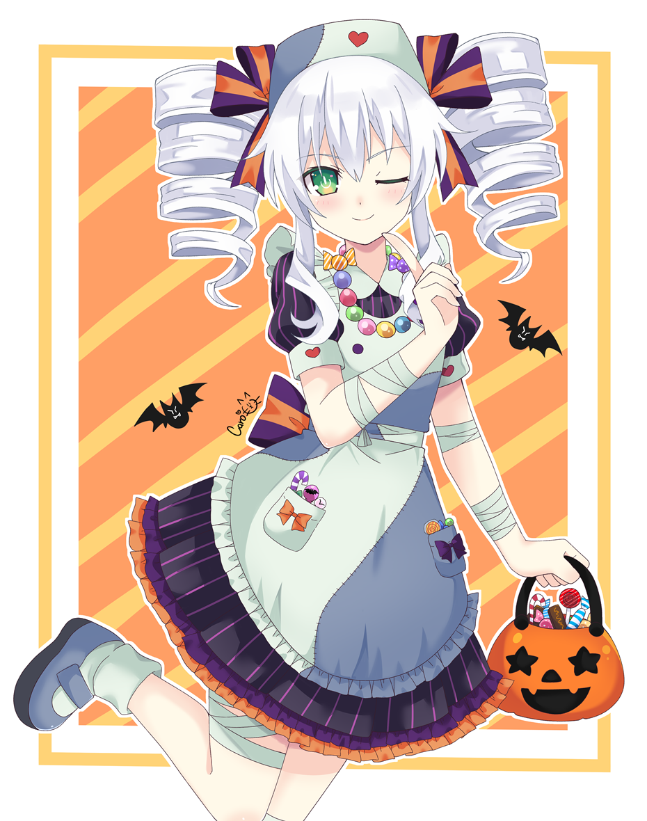 1girl black_sister blush breasts caro-xy drill_hair elbow_gloves gloves green_eyes halloween long_hair neptune_(series) one_eye_closed power_symbol silver_hair simple_background small_breasts solo symbol-shaped_pupils thigh-highs twin_drills