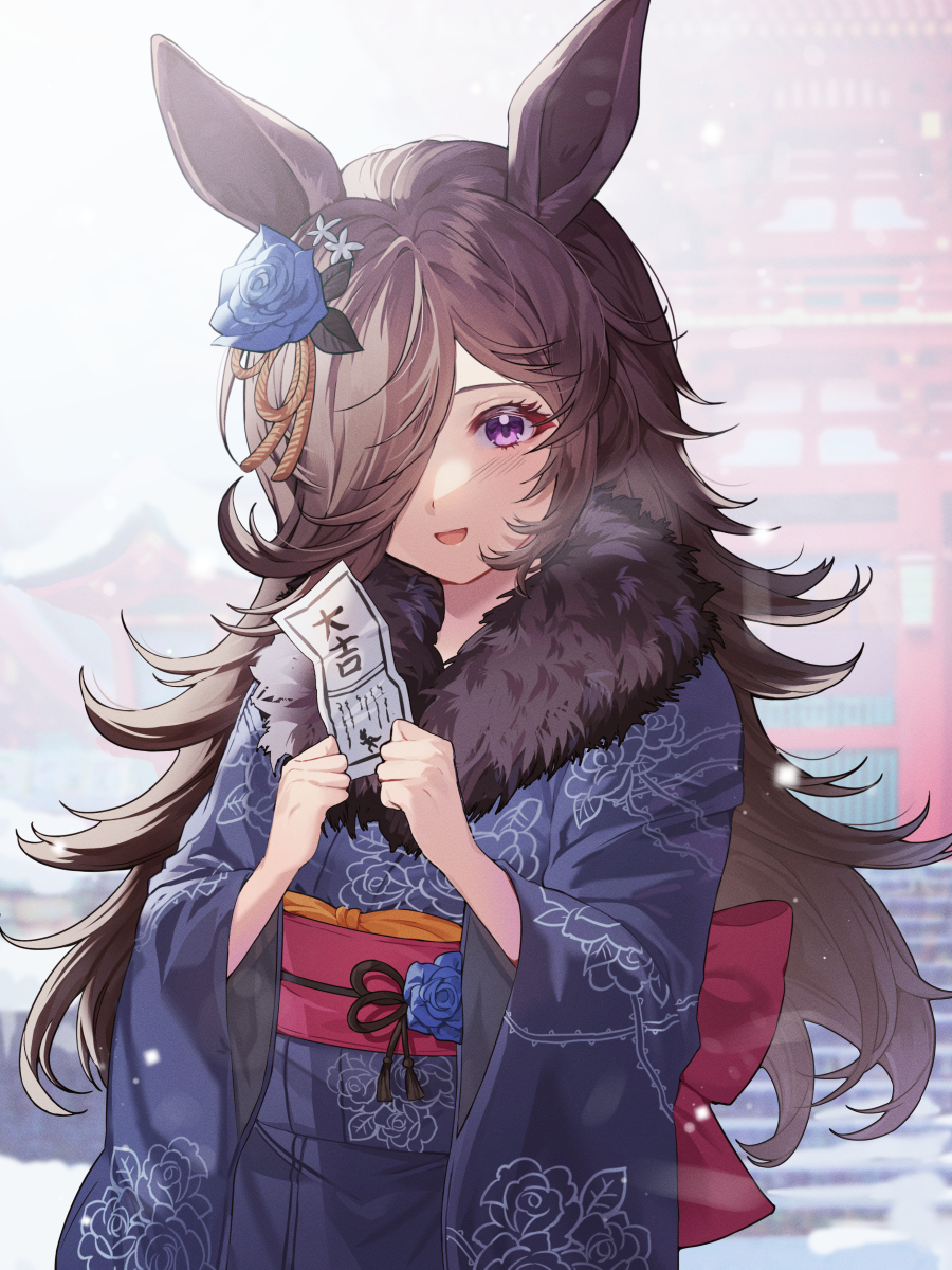 1girl animal_ears architecture blue_flower blue_rose blurry blurry_background brown_hair east_asian_architecture flower fur_trim hair_over_one_eye highres horse_ears horse_girl japanese_clothes kimono long_hair rice_shower_(umamusume) risem rose shrine simple_background solo umamusume violet_eyes