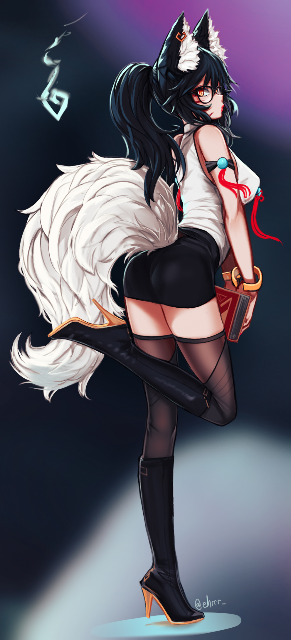 1girl ahri_(league_of_legends) alternate_costume animal_ear_fluff animal_ears bare_shoulders black-framed_eyewear black_footwear black_hair black_legwear black_skirt book boots bracelet breasts commentary ehrrr english_commentary facial_mark fox_ears fox_girl fox_tail full_body glasses high_heel_boots high_heels highres jewelry knee_boots large_breasts league_of_legends long_hair office_lady orange_eyes pencil_skirt ponytail red_lips shirt skirt solo standing standing_on_one_leg tail tail_through_clothes thigh-highs thighhighs_under_boots whisker_markings white_shirt zettai_ryouiki
