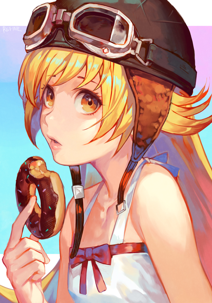 1girl bangs bare_shoulders black_headwear blonde_hair blue_background bow bow_dress breasts collarbone doughnut dress eating flipped_hair food gradient gradient_background halterneck hand_up hankuri helmet holding holding_food long_hair looking_ahead monogatari_(series) motorcycle_helmet open_mouth oshino_shinobu parted_lips pink_background pink_lips red_bow sidelocks simple_background small_breasts solo swept_bangs upper_body white_dress yellow_eyes
