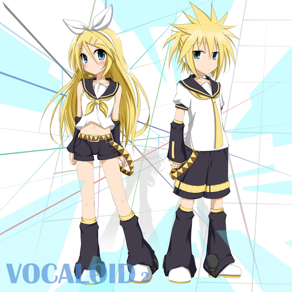 1boy 1girl alternate_hairstyle blonde_hair blue_eyes blush brother_and_sister detached_sleeves hair_ornament hair_ribbon hairclip headphones kagamine_len kagamine_rin long_hair necktie ribbon short_hair shorts siblings sky_(freedom) spiked_hair twins vocaloid