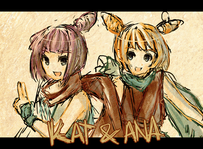 kat ninja open_mouth orange_hair purple_hair raemz scarf siblings sisters sketch smile twins warioware weee weee_(raemz)
