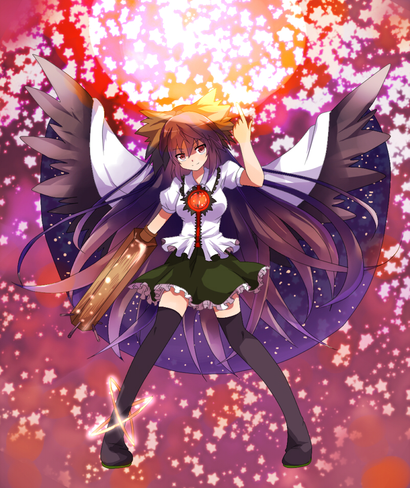 ayase08 black_hair black_legwear black_thighhighs boots bow brown_hair cape colored danmaku hair_bow head_tilt kikugetsu legs long_hair pointing pun2 red_eyes reiuji_utsuho skirt solo star thigh-highs thigh_boots thighhighs touhou weapon wings zettai_ryouiki